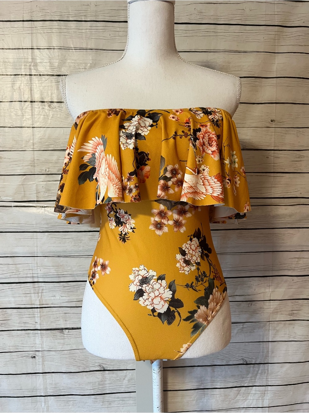 Missguided Mustard Floral Strapless Ruffle Bodysuit
